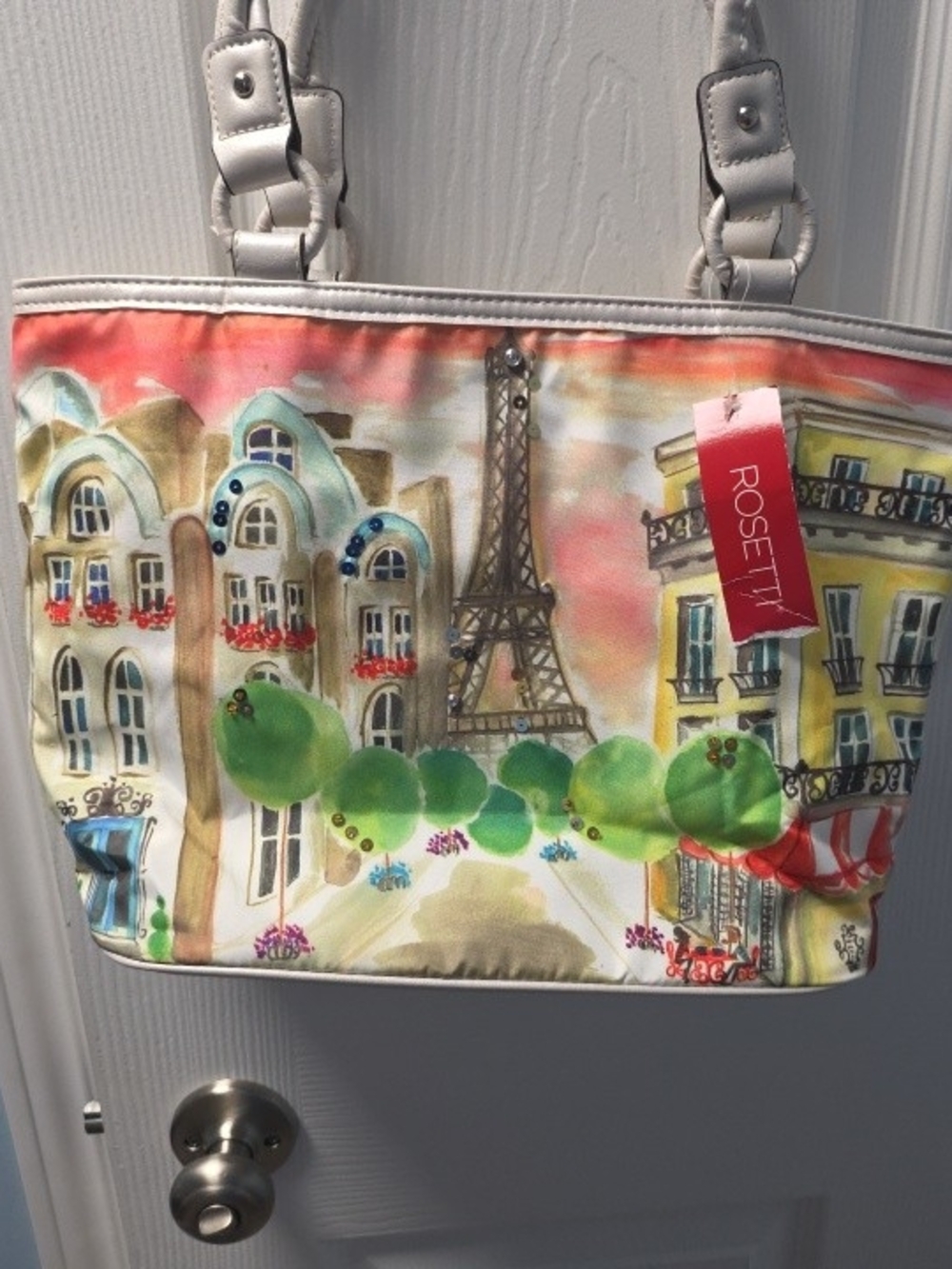 Rosetti Colorful Paris Scene Tote with White Handles